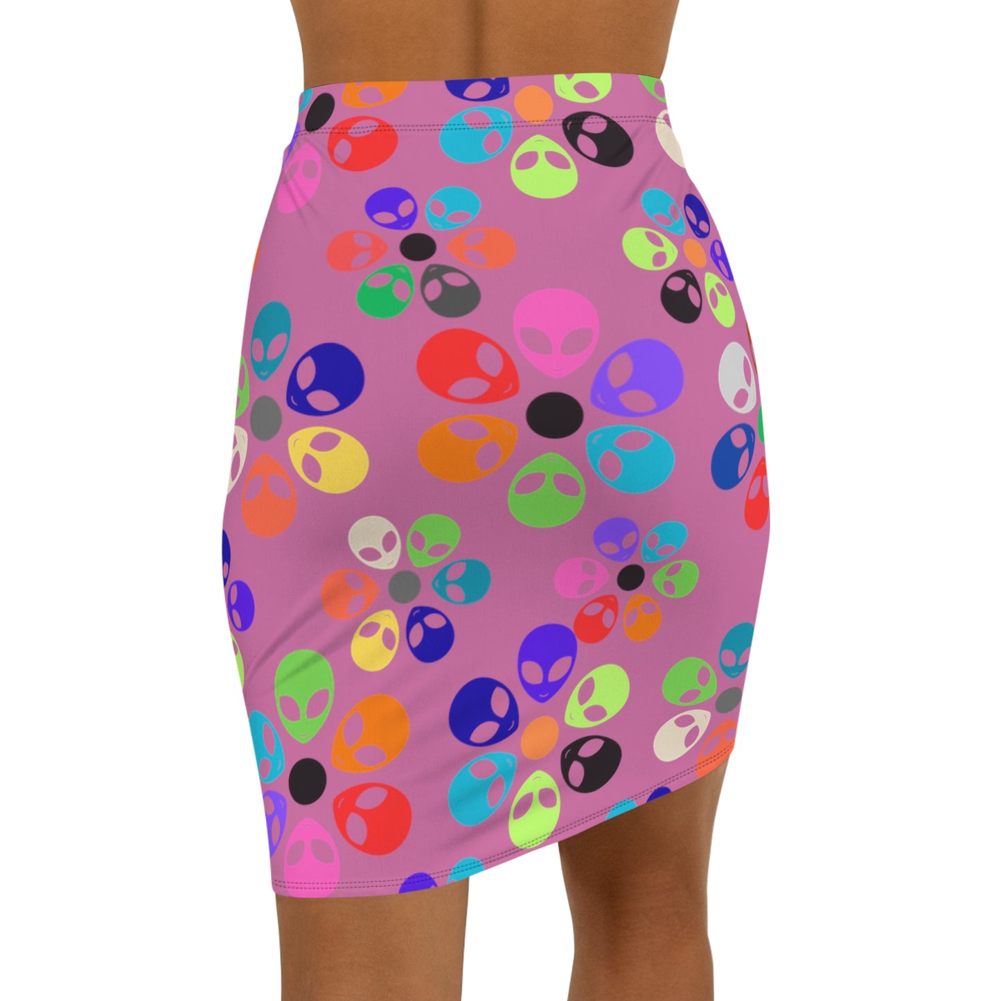 Colorful Alien Print Pencil Skirt Fun Trendy Skirt for Parties Women’s Everyday Wear Quirky Fashion Unique Gift Idea Alien Rainbow Flowers Light Pink