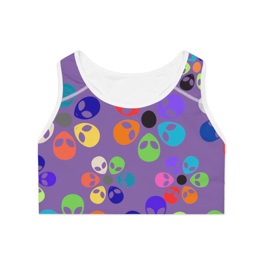 Colorful Floral Print Sports Bra for Activewear Workout Gear Gift for Her Yoga Top Festival Wear Alien Rainbow Flowers Light Purple