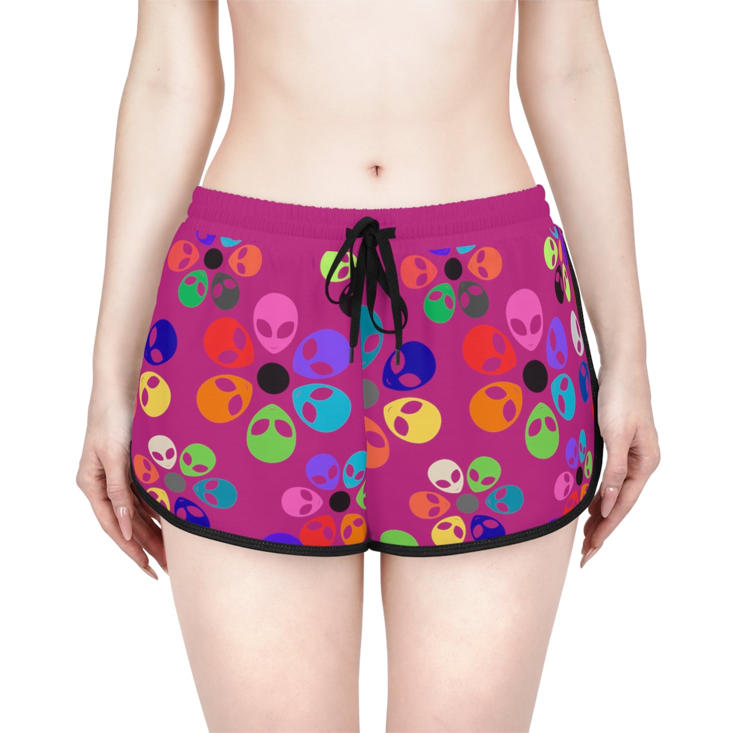 Colorful Alien Flower Print Womens Relaxed Shorts Summer Loungewear Beachwear Festival Outfit Casual Comfort Alien Rainbow Flowers Pink