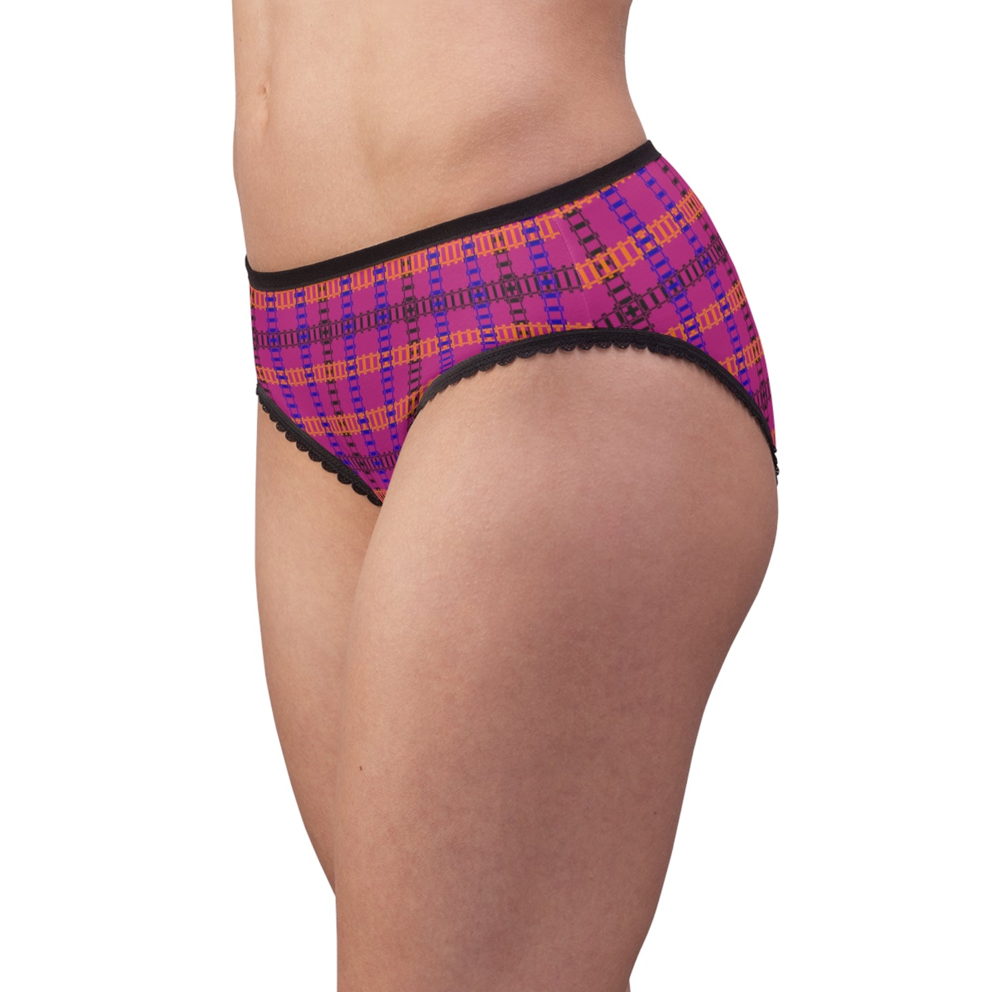 Colorful Patterned Womens Briefs with Lace Trim Comfortable Everyday Panties Unique Gifts for Her Fashionable Loungewear Fun and [...] Train Tracks Pink
