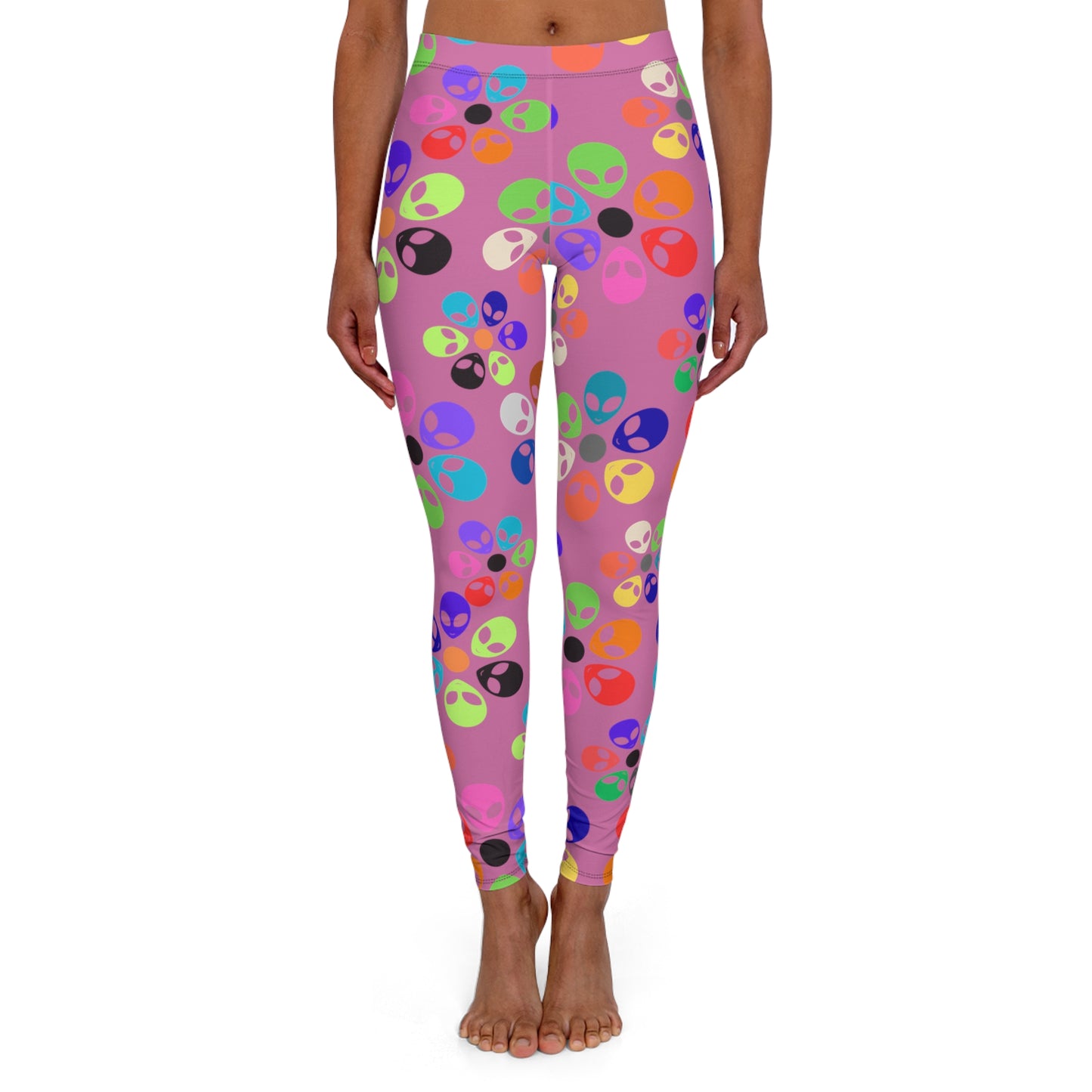 Colorful Alien Print Spandex Leggings Fun Workout Pants Casual Everyday Wear Gift for SciFi Lovers Unique Fashion Leggings Alien Rainbow Flowers Light Pink