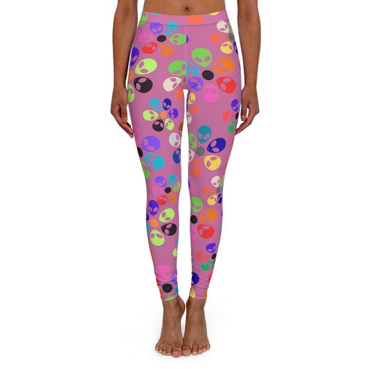Colorful Alien Print Spandex Leggings Fun Workout Pants Casual Everyday Wear Gift for SciFi Lovers Unique Fashion Leggings Alien Rainbow Flowers Light Pink