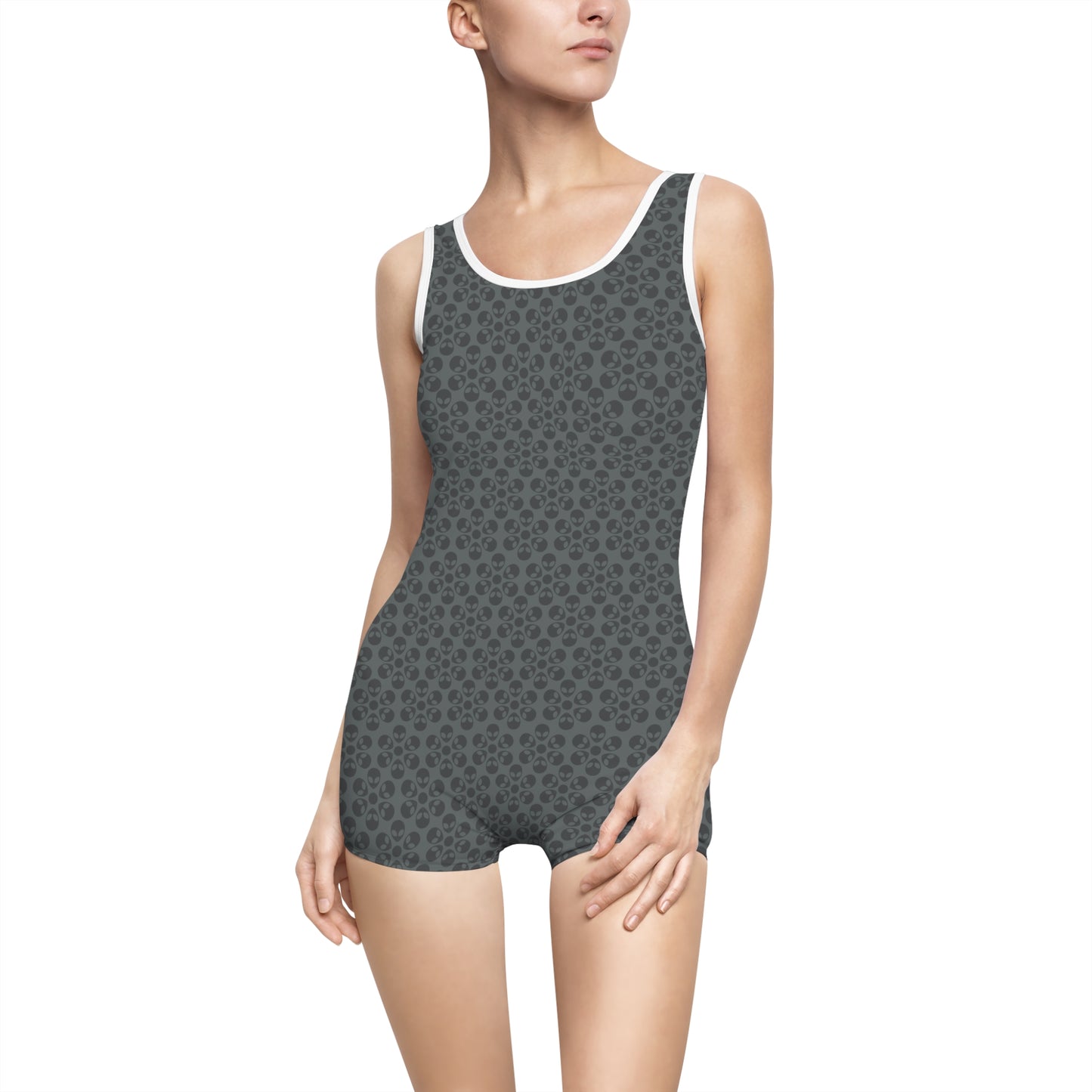 Womens Vintage Swimsuit  Alien Flowers Dark Grey