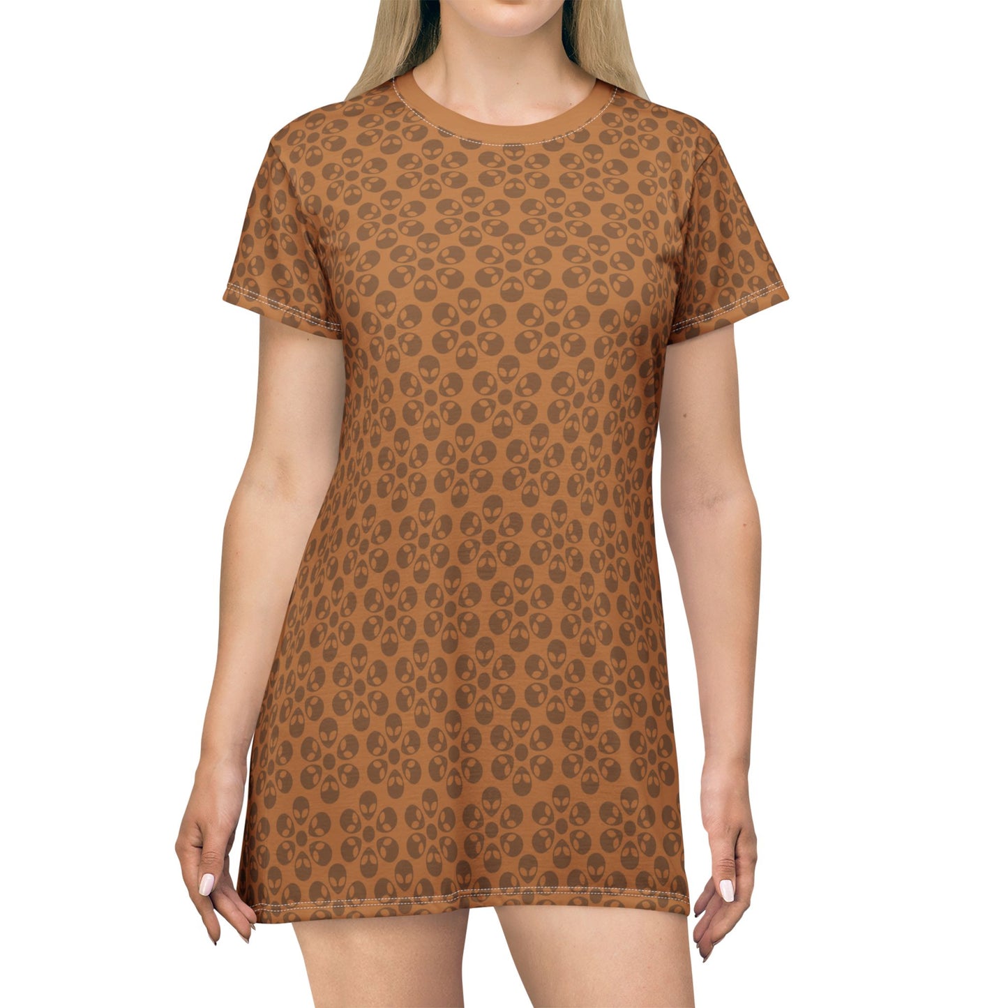 Floral Pattern TShirt Dress Casual Summer Dress Cute Dress for Women Floral Print Dress Trendy Everyday Wear Perfect for Beach Alien Flowers Light Brown