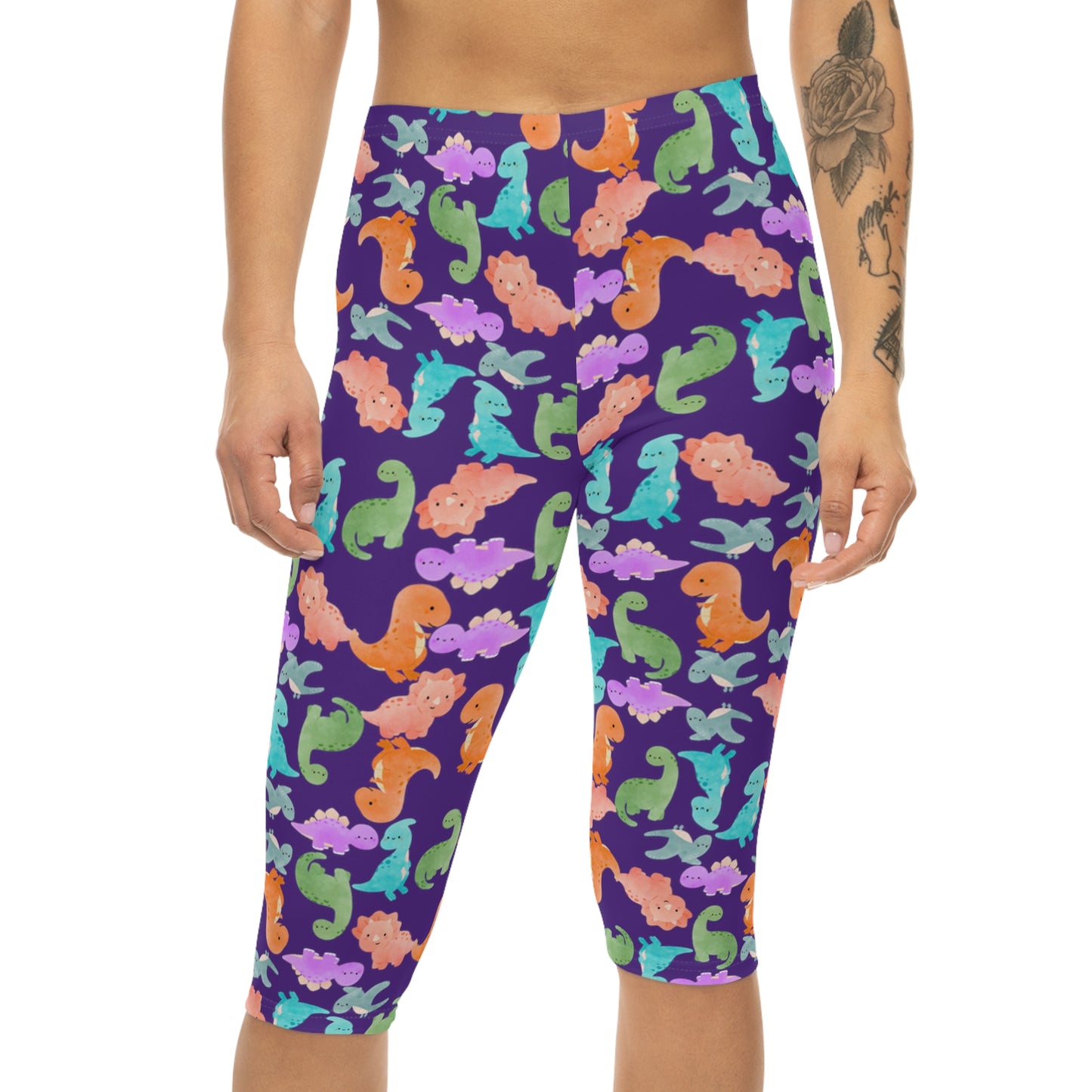 Women’s Capri Leggings  Rainbow Dinos Purple