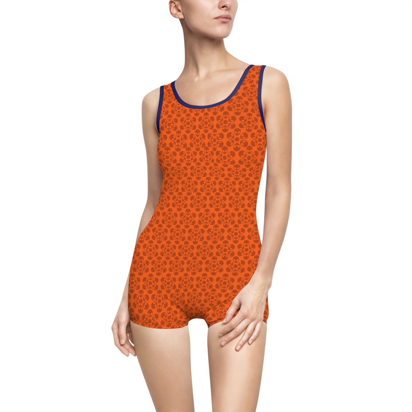 Womens Vintage Swimsuit  Alien Flowers Orange