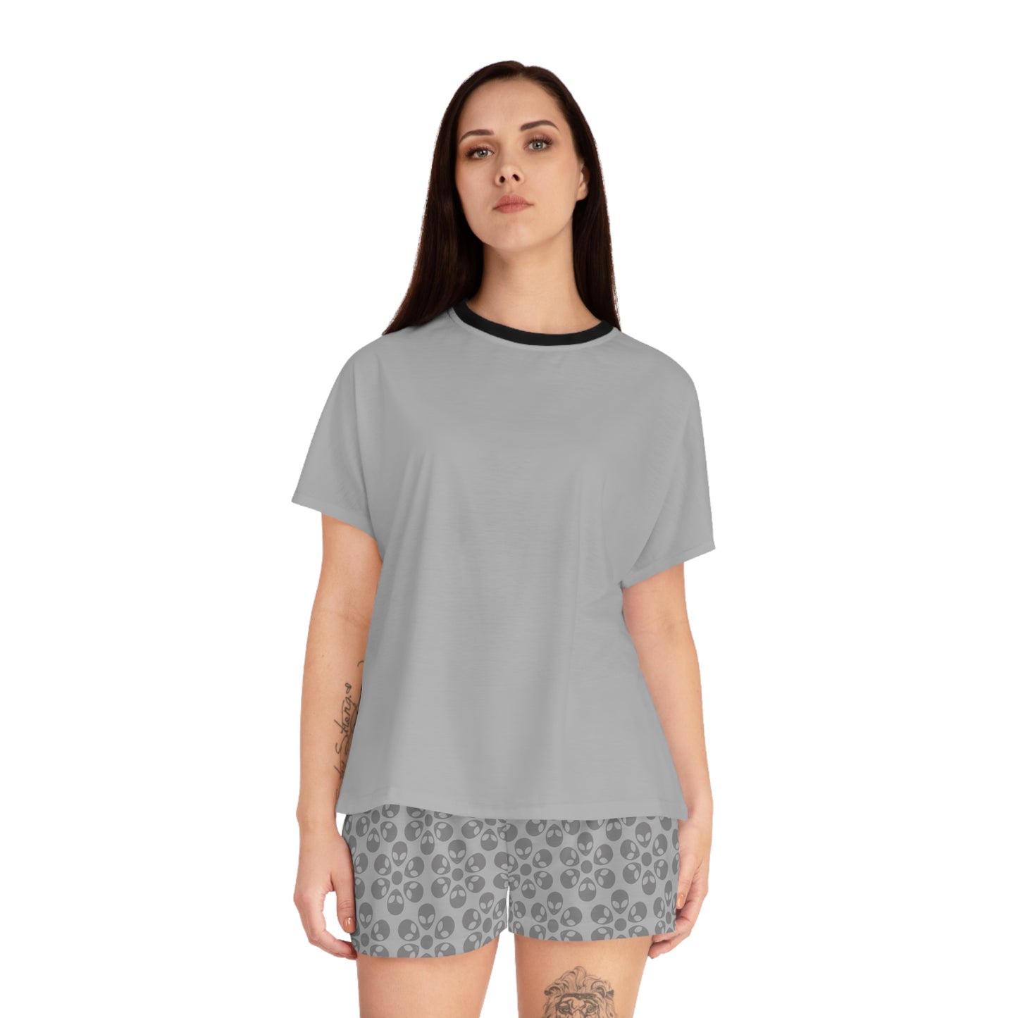 Stylish Womens Pajama Set Cozy Sleepwear AOP Floral Print Perfect for Lounging Gift for Her Summer Nights Relaxation Alien Flowers Light Grey