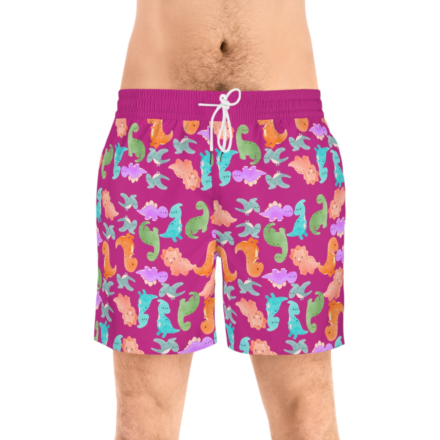 Colorful Dino Swim Shorts for Men | Beachwear Summer Fun Pool Parties Vacation Essentials Nautical Style Rainbow Dinos Pink