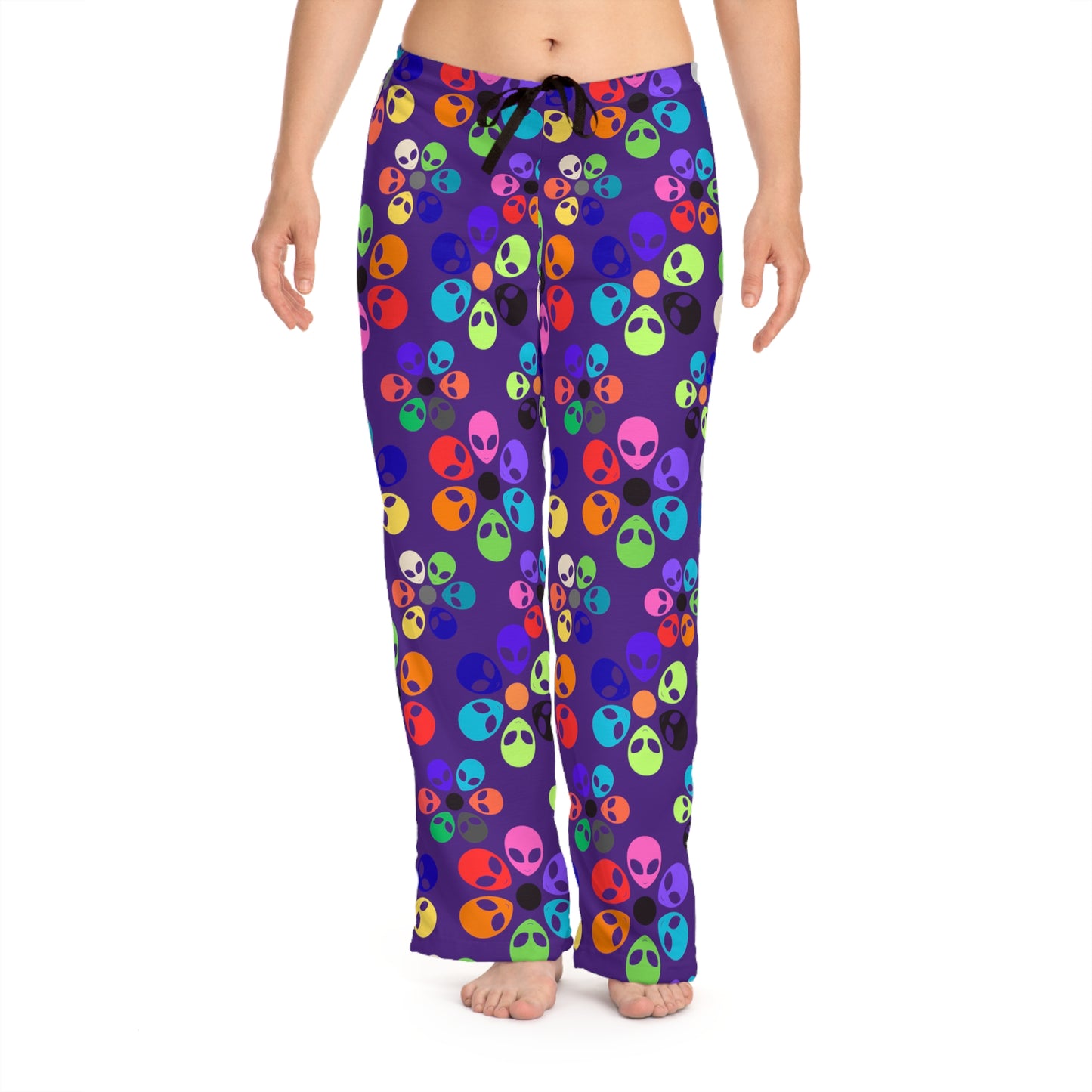 Colorful Alien Print Womens Pajama Pants Fun Loungewear Sleepwear for Alien Lovers Great Gift for Birthdays Relaxation Alien Rainbow Flowers Purple