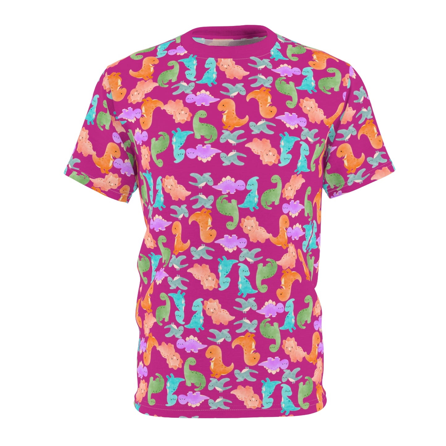 Vibrant Dino Pattern Tee for Ocean Lovers Perfect for Summer Casual Wear Gift for Beach Lovers Tropical Vibe Clothing Rainbow Dinos Pink