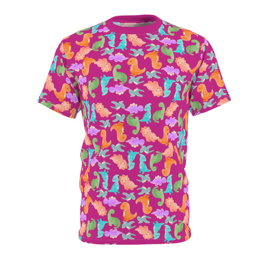 Vibrant Dino Pattern Tee for Ocean Lovers Perfect for Summer Casual Wear Gift for Beach Lovers Tropical Vibe Clothing Rainbow Dinos Pink