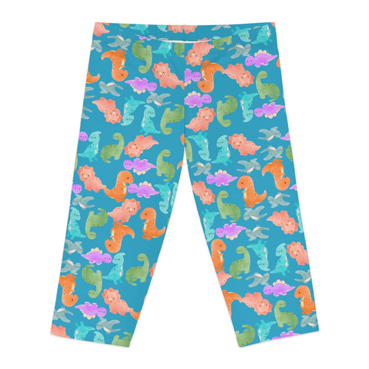 Playful Dino Print Womens Capri Leggings Cute Stretchy Pants for Yoga Casual Outfits Loungewear Gift for Her Rainbow Dinos Turquoise