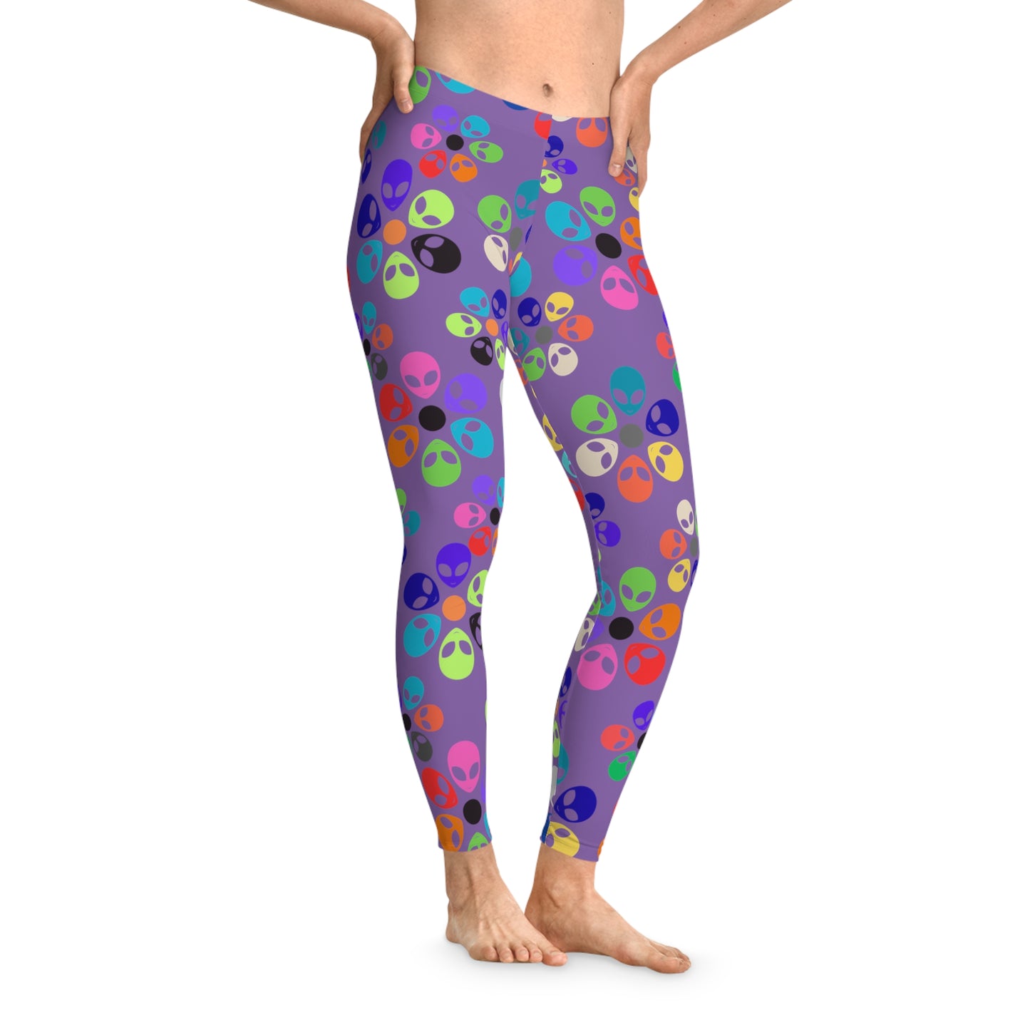 Colorful Alien Print Leggings Funky Fitness Tights Stretchy Activewear Fun Gym Leggings Quirky Casual Pants Gift for Alien Enthusiasts Alien Rainbow Flowers Light Purple