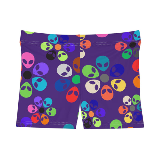 Colorful Alien Floral Womens Shorts Fun Summer Wear Vacation Shorts Festival Outfit Unique Gift for Her Alien Rainbow Flowers Purple