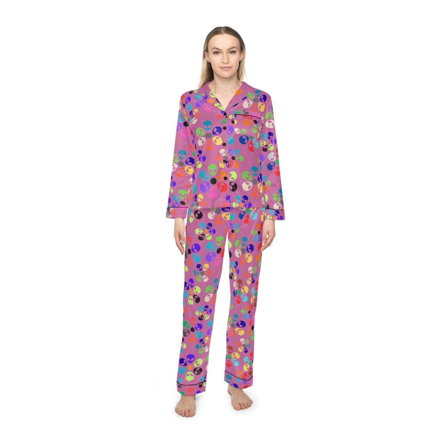 Colorful Womens Satin Pajamas Comfortable Sleepwear Set Cozy PJs for Women Vibrant Loungewear Cute Gift for Her Alien Rainbow Flowers Light Pink