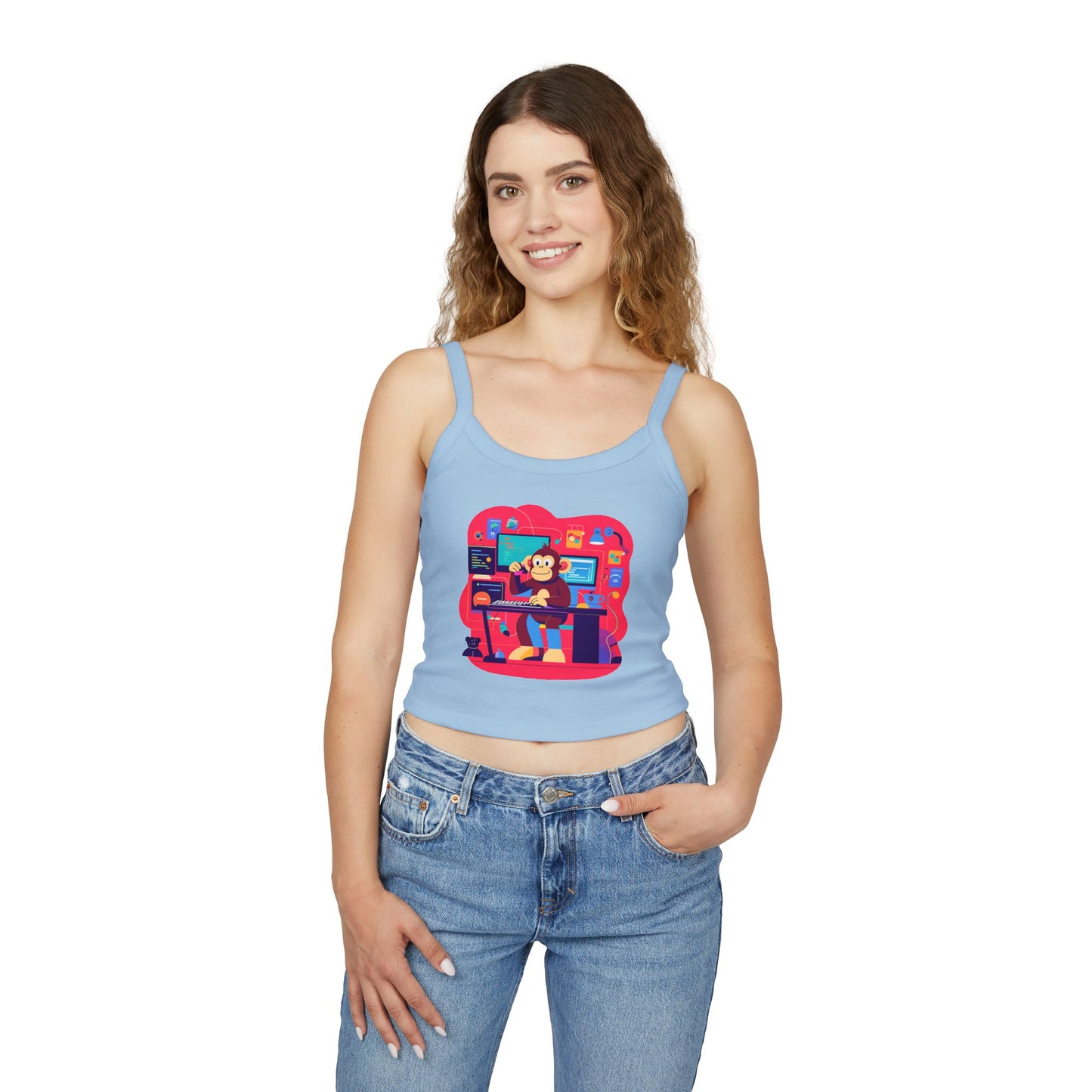 Playful Monkey Graphic Spaghetti Strap Tank Top - Fun Casual Wear, Summer Beach, Gift for Animal Lovers, Cute Pajama Top, Creative [...]
