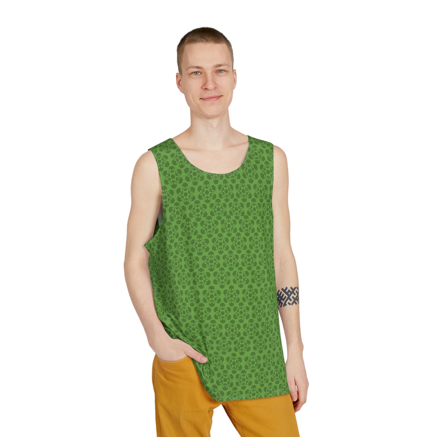Stylish Mens Tank Top  AOP Leopard Print Summer Wear Fitness Gear Casual Apparel Trendy Vacation Outfit Alien Flowers Green