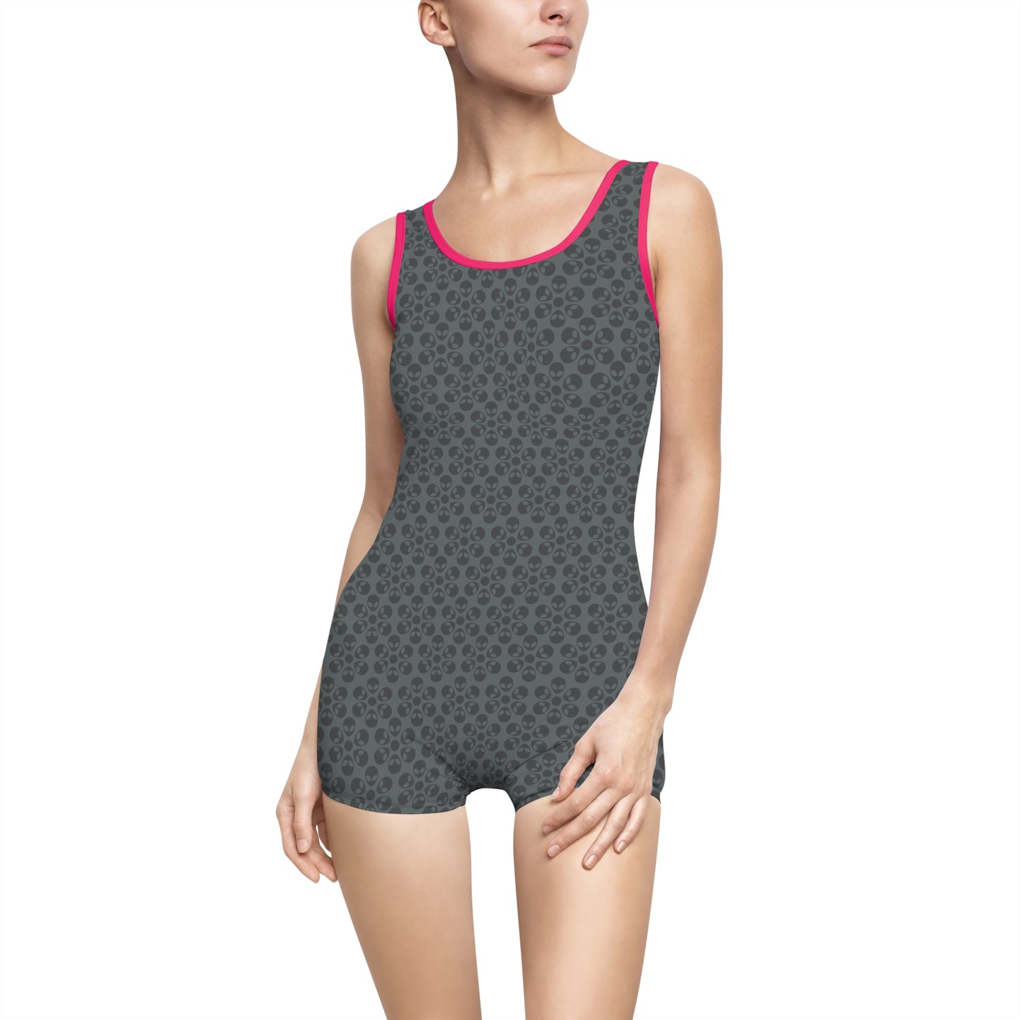 Womens Vintage Swimsuit  Alien Flowers Dark Grey