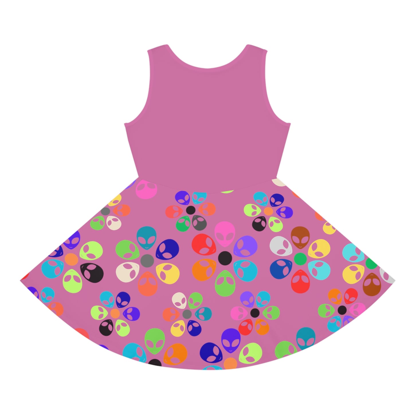 Colorful Alien Print Girls Sundress Summer Dress Kids Fashion Birthday Outfit Playful Dress Unique Gifts for Girls Alien Rainbow Flowers Light Pink