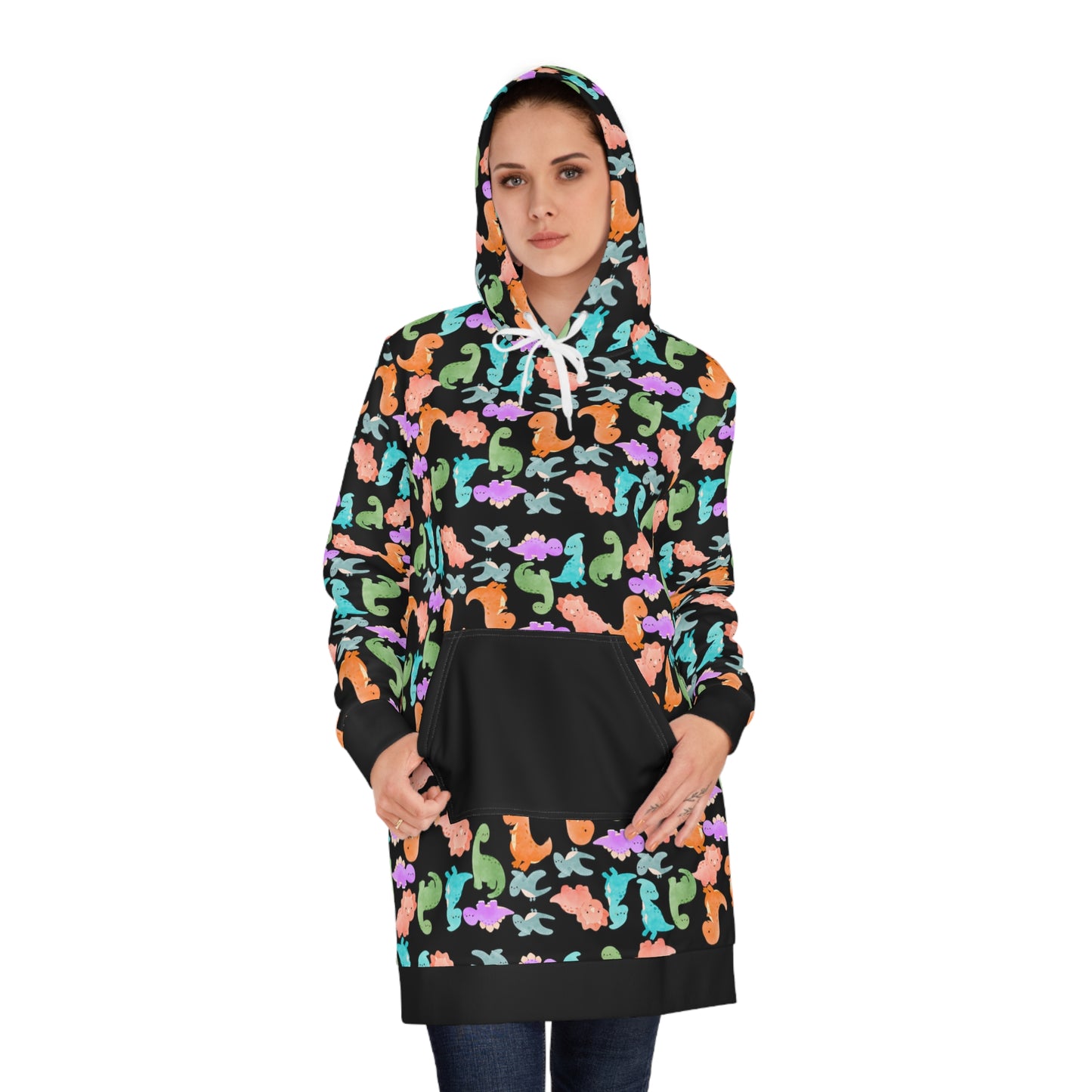 Womens Hoodie Dress Rainbow Dinos Black