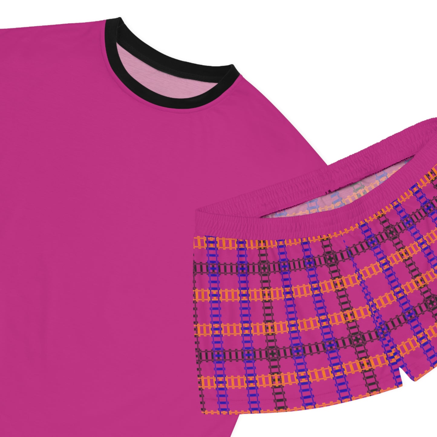 Cozy Womens Pajama Set for Relaxation Sleepwear Loungewear Gift for Her Stylish AOP Design Train Tracks Pink