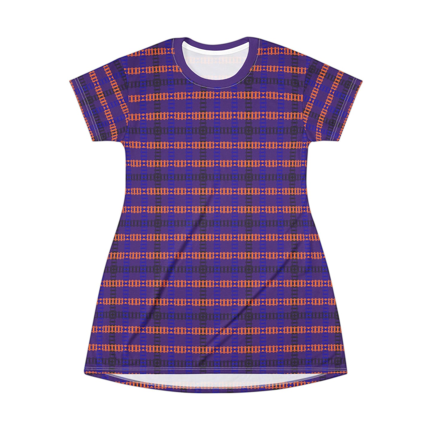 Vibrant Checkered TShirt Dress Casual Summer Dress Boho Fashion Everyday Wear Relaxed Fit Dress Colorful Outfit Train Tracks Purple