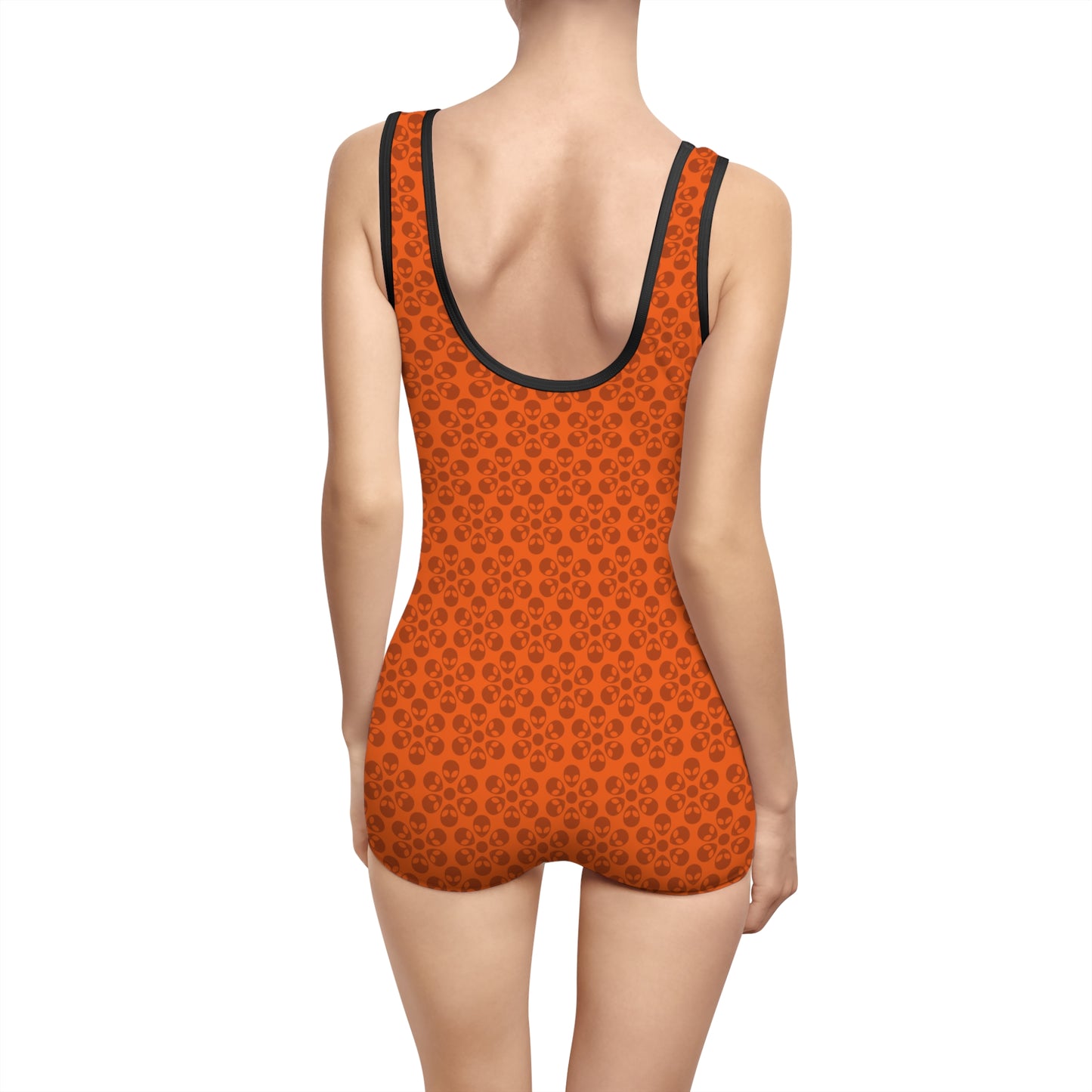 Womens Vintage Swimsuit  Alien Flowers Orange
