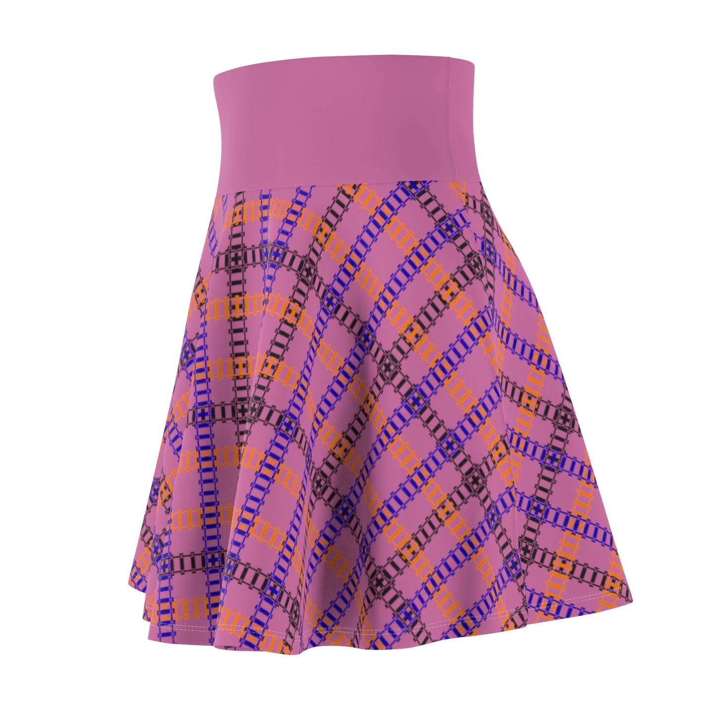 Stylish Womens Plaid Skater Skirt Trendy AOP Skirt Casual Everyday Wear Festive Outfit Summer Fashion 90s Vintage Inspired Train Tracks Light Pink