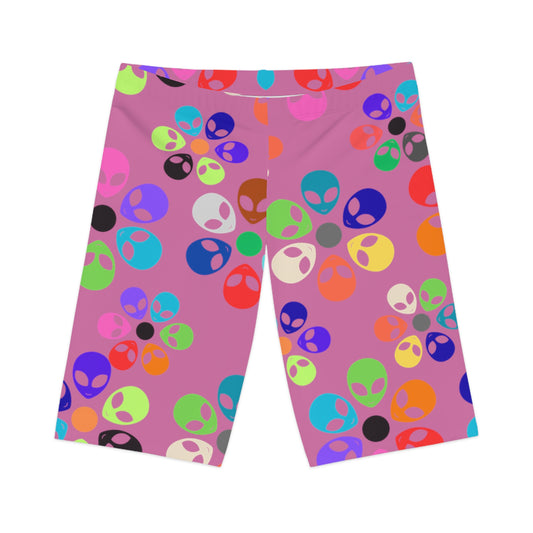 Colorful Alien Flower Womens Bike Shorts | Fun Activewear Summer Exercise Festival Outfit Yoga Fitness Gear Alien Rainbow Flowers Light Pink