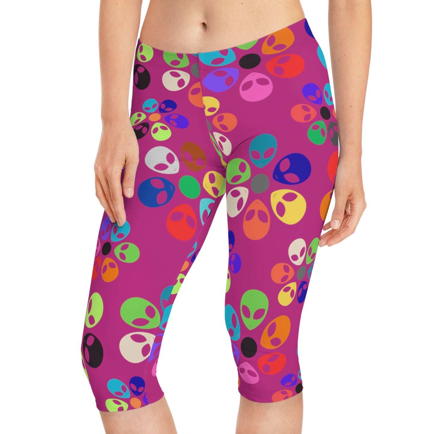 Colorful Alien Floral Capri Leggings Fun Fitness Pants Yoga Wear Unique Beachwear Festival Style Casual Summer Outfit Alien Rainbow Flowers Pink