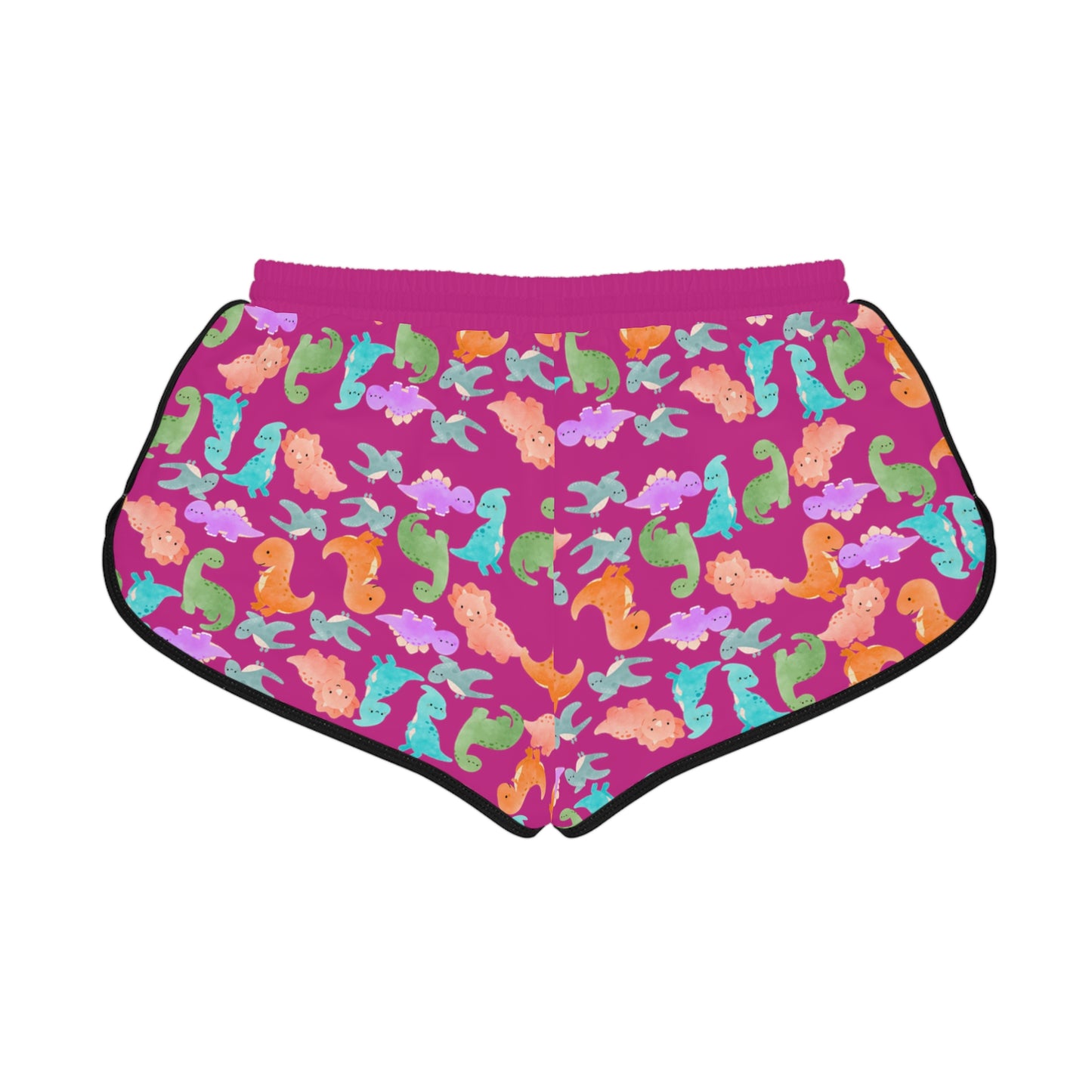 Colorful Dino Print Womens Relaxed Shorts Perfect for Summer Beachwear Loungewear Gift for Her Casual Style Rainbow Dinos Pink