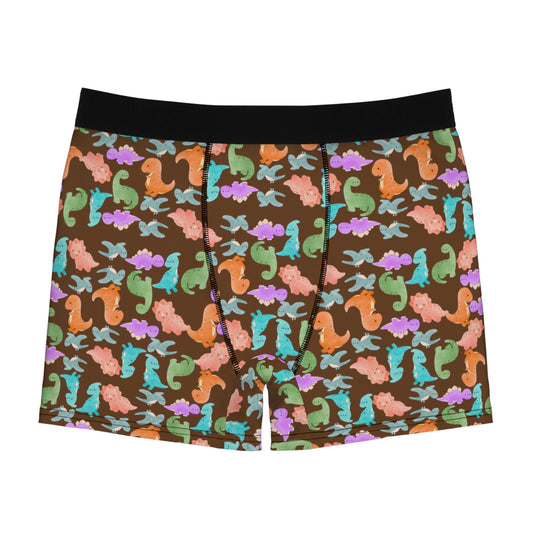 Playful Dino Print Mens Boxer Briefs Fun Underwear Colorful AOP Briefs Gift for Him Beach Vibe Loungewear Rainbow Dinos Brown