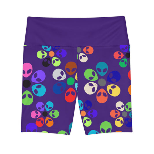 Colorful Alien Print Workout Shorts for Women Trendy Fitness Shorts Activewear Summer Gear Yoga Shorts Casual Sportswear Alien Rainbow Flowers Purple