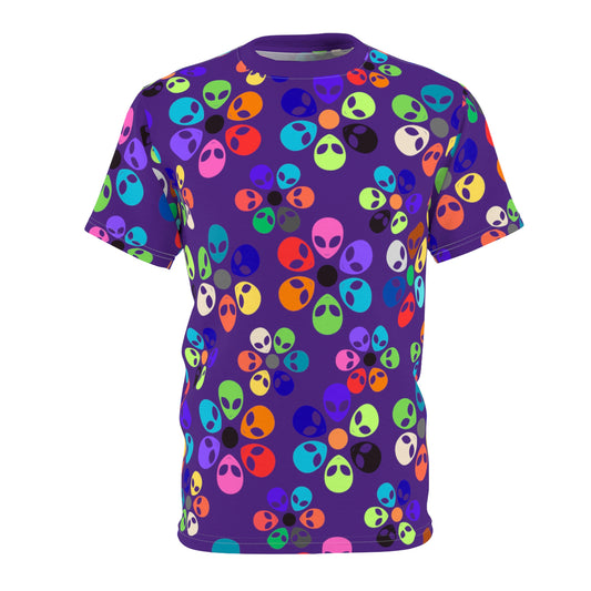 Colorful Alien Print Unisex TShirt Fun Graphic Tee Quirky Fashion Wear Gift for SciFi Lovers Trendy Casual Style Summer Apparel Alien Rainbow Flowers Purple