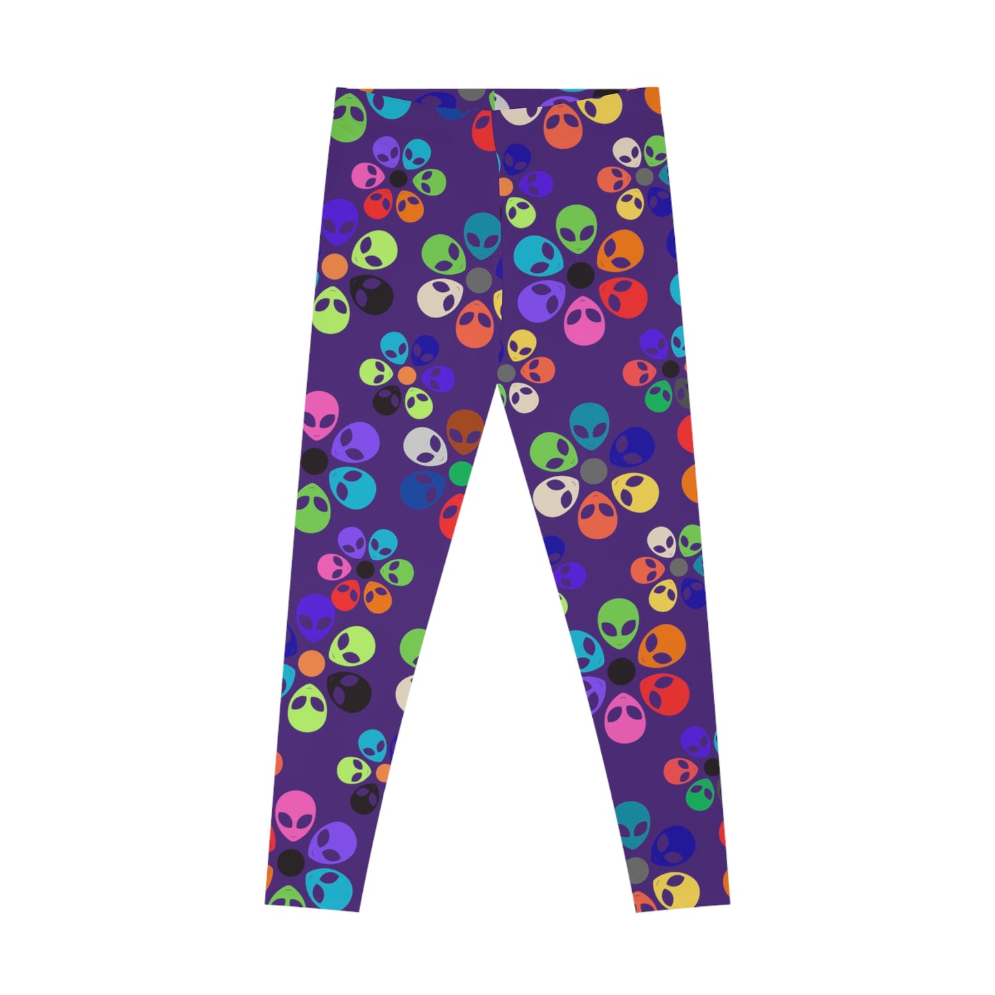 Colorful Alien Print Leggings Funky Fitness Tights Stretchy Activewear Fun Gym Leggings Quirky Casual Pants Gift for Alien Enthusiasts Alien Rainbow Flowers Purple