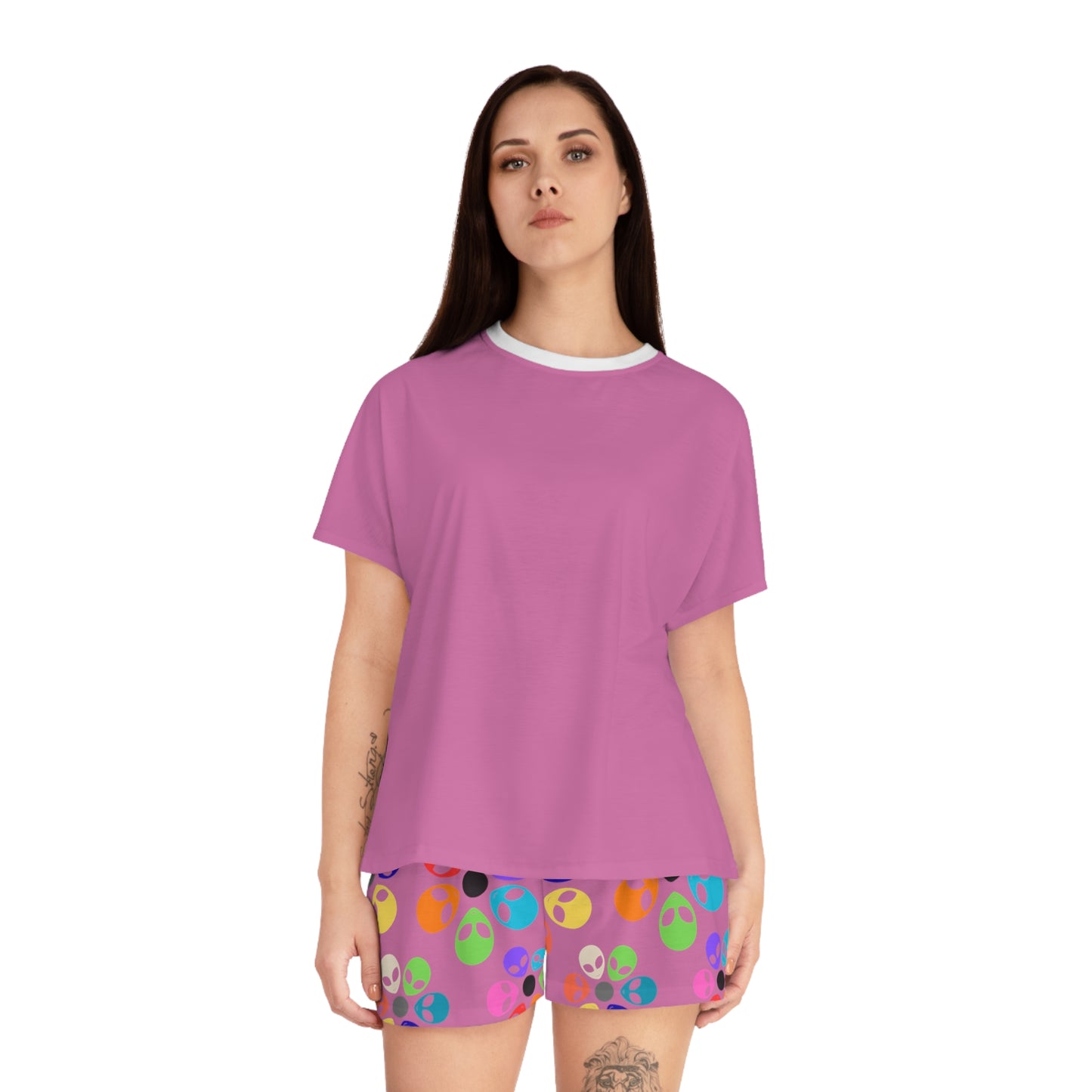 Colorful Alien Print Womens Pajama Set Fun Sleepwear for Teens Relaxing Nightwear Unique Gift for Space Lovers Cute Loungewear Alien Rainbow Flowers Light Pink