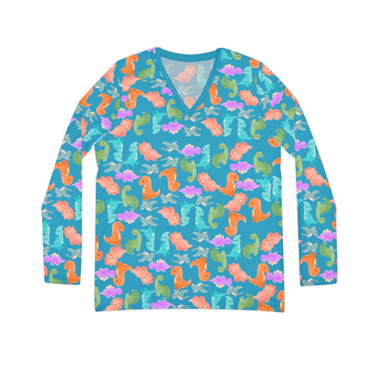 Vibrant Dino Print Womens Long Sleeve Vneck Shirt Beachwear Summer Tops Unique Gift Casual Style Vacation Wardrobe Rainbow Dinos Turquoise