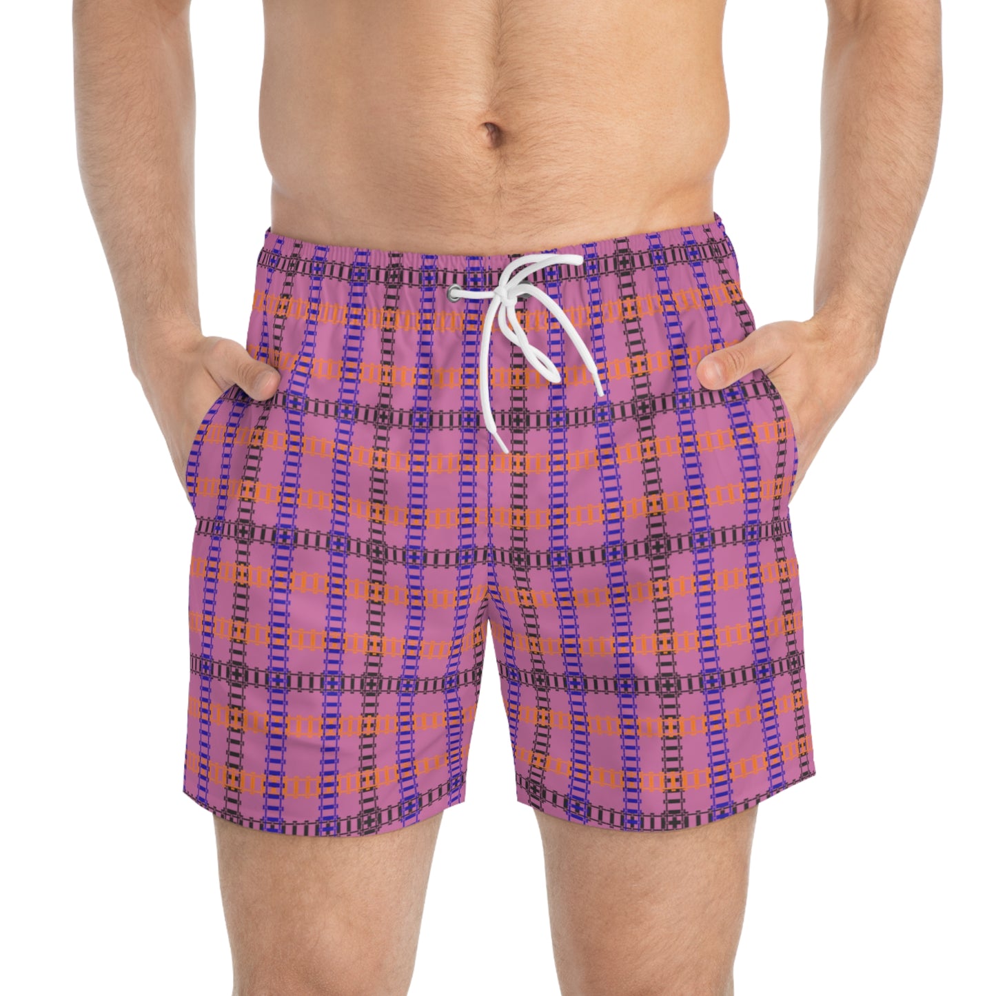 Vibrant Checkered Swim Trunks Beachwear for Summer Fun Vacation Essential Pool Party MustHave Mens Swim Shorts Train Tracks Light Pink