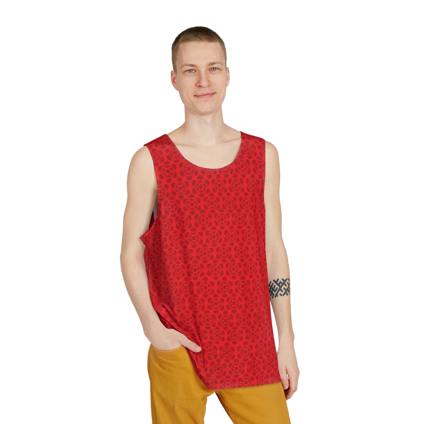 Stylish Mens Tank Top  AOP Leopard Print Summer Wear Fitness Gear Casual Apparel Trendy Vacation Outfit Alien Flowers Red
