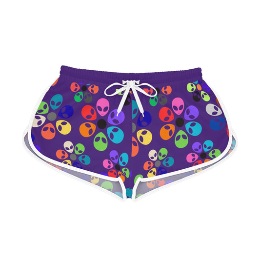 Colorful Alien Flower Print Womens Relaxed Shorts Summer Loungewear Beachwear Festival Outfit Casual Comfort Alien Rainbow Flowers Purple