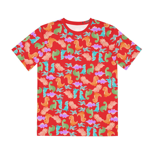 Colorful Dino Tee  Fun Playful Shirt for Ocean Lovers Casual Wear Summer Outfits Beach Activities Gifts for Him Rainbow Dinos Red