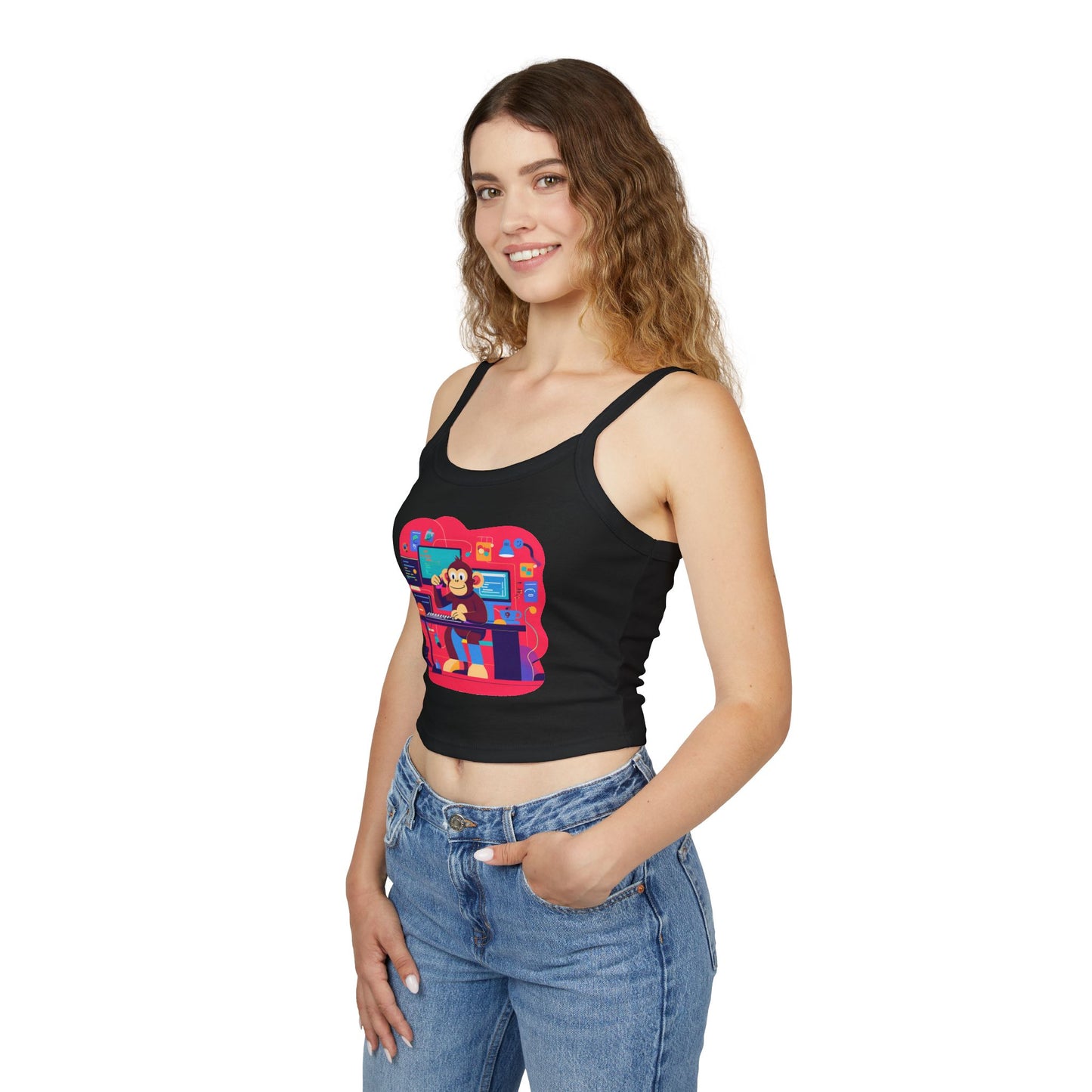 Playful Monkey Graphic Spaghetti Strap Tank Top - Fun Casual Wear, Summer Beach, Gift for Animal Lovers, Cute Pajama Top, Creative [...]