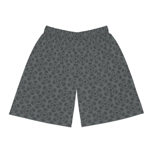 Trendy Skull Pattern Basketball Shorts Summer Activewear Sports Apparel Casual Wear Beach Shorts Gift for Basketball Lovers Alien Flowers Dark Grey