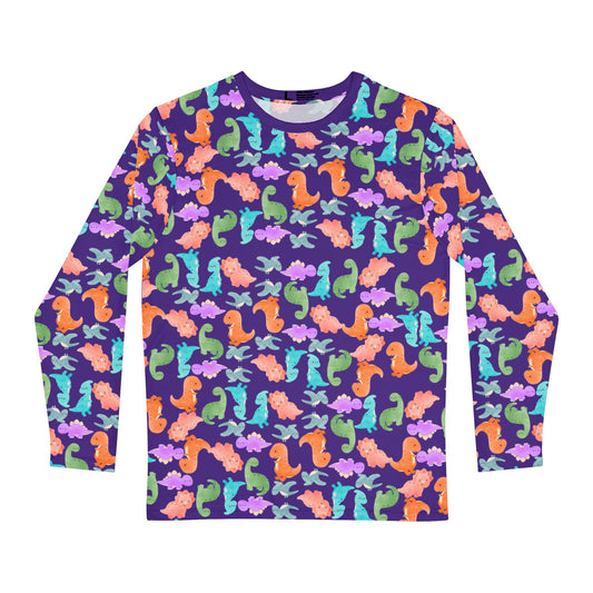 Cute Dino Print Mens Long Sleeve Shirt AOP Tee Tropical Beachwear Gift for Sea Lovers Summer Shirts for Men Rainbow Dinos Purple