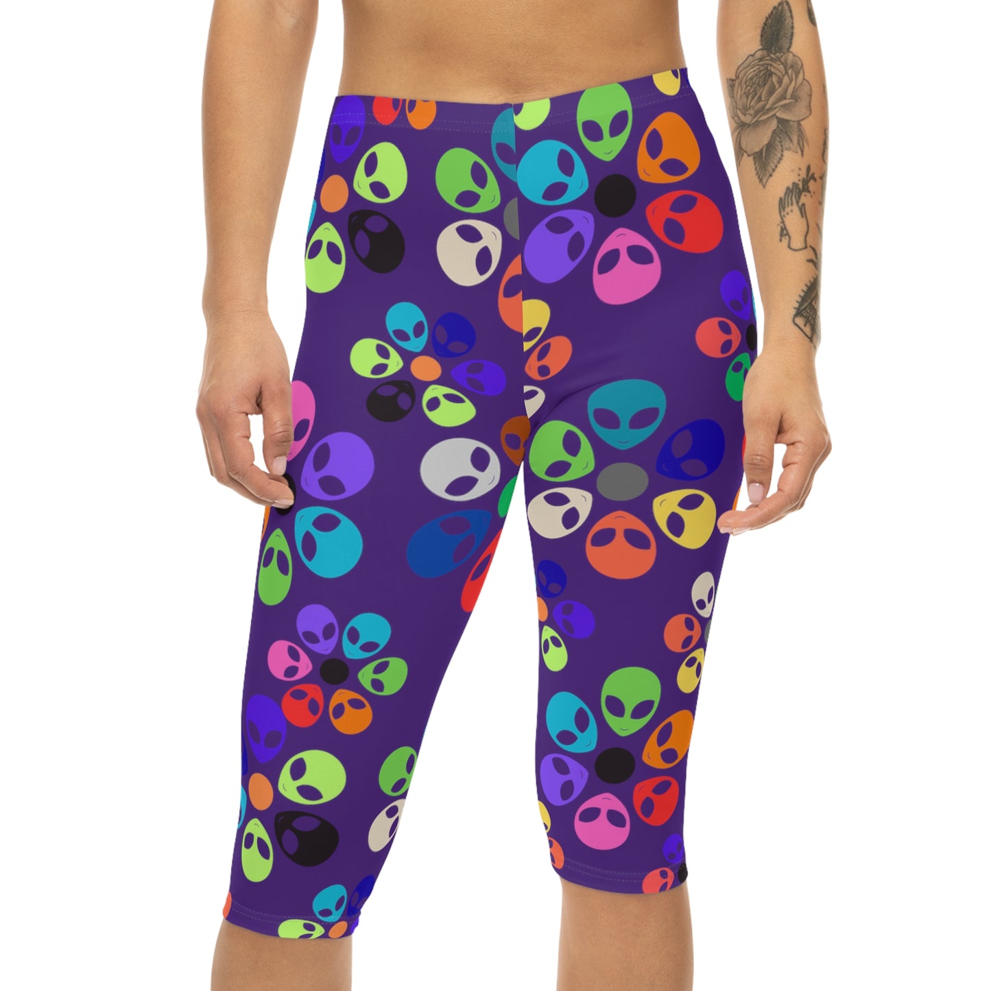 Vibrant Alien Print Capri Leggings for Women Fun Workout Pants Festival Wear Casual Summer Stylish Leggings Unique Gift Idea Alien Rainbow Flowers Purple