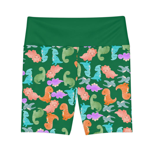 Colorful Dinosaur Pattern Workout Shorts Womens Athletic Shorts Exercise Gear Fitness Apparel Fun Workout Fashion Rainbow Dinos Dark Green
