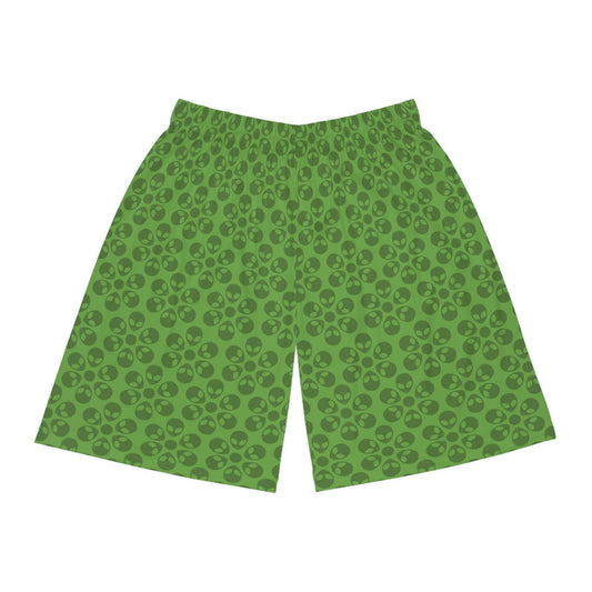 Trendy Skull Pattern Basketball Shorts Summer Activewear Sports Apparel Casual Wear Beach Shorts Gift for Basketball Lovers Alien Flowers Green