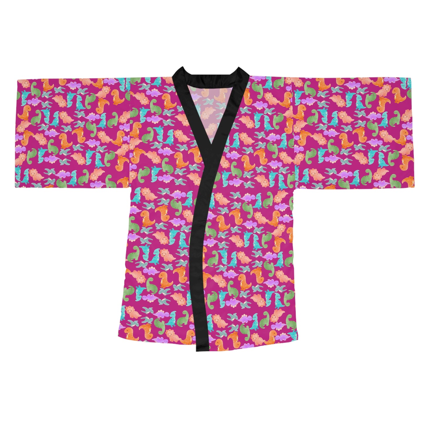 Vibrant Dino Print Long Sleeve Kimono Robe for Relaxation Loungewear Gift Summer Nights Cozy Style Rainbow Dinos Pink