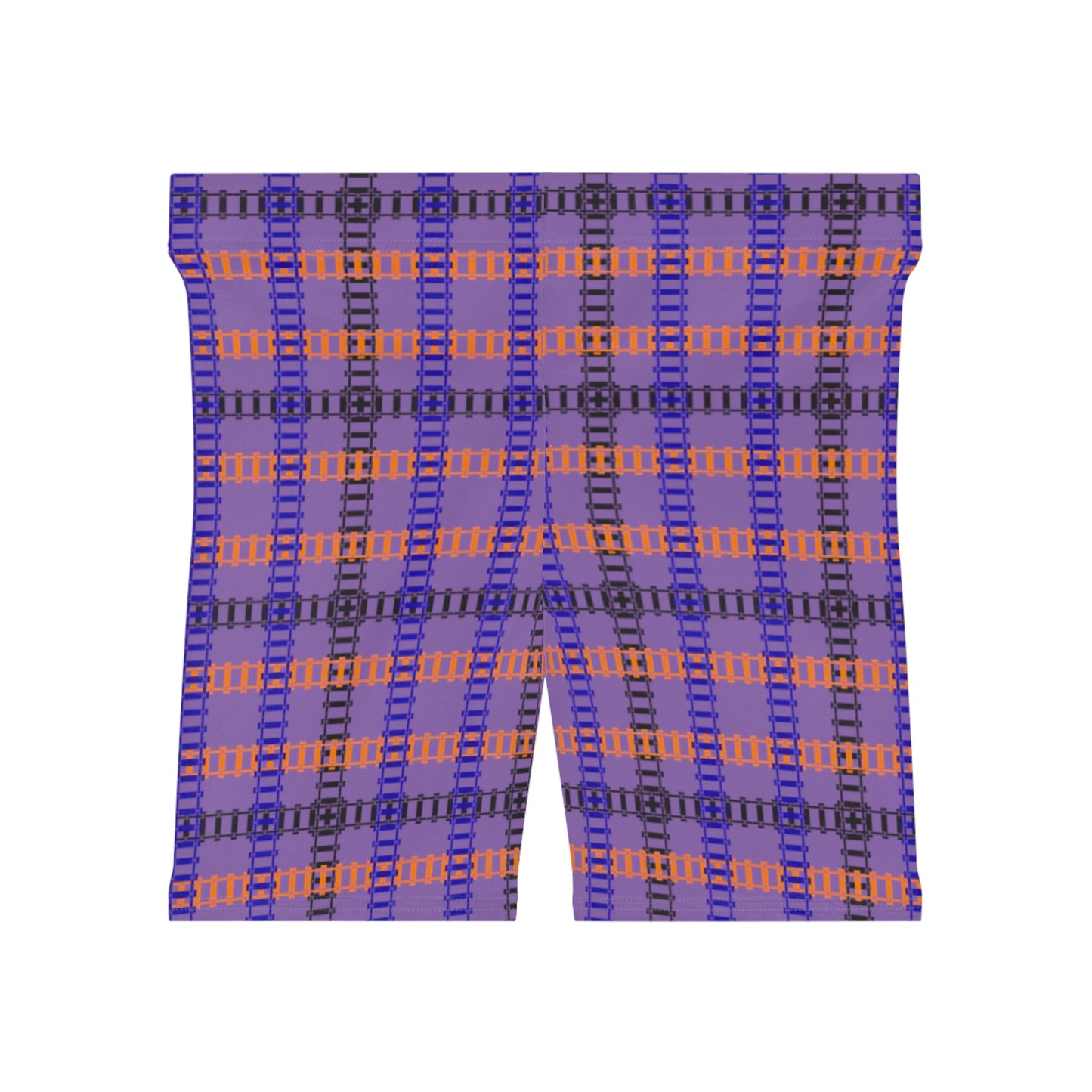 Stylish Womens Biker Shorts  Plaid Pattern Comfortable Activewear Summer Essentials Workout Gear Casual Fashion Gift Idea Train Tracks Light Purple