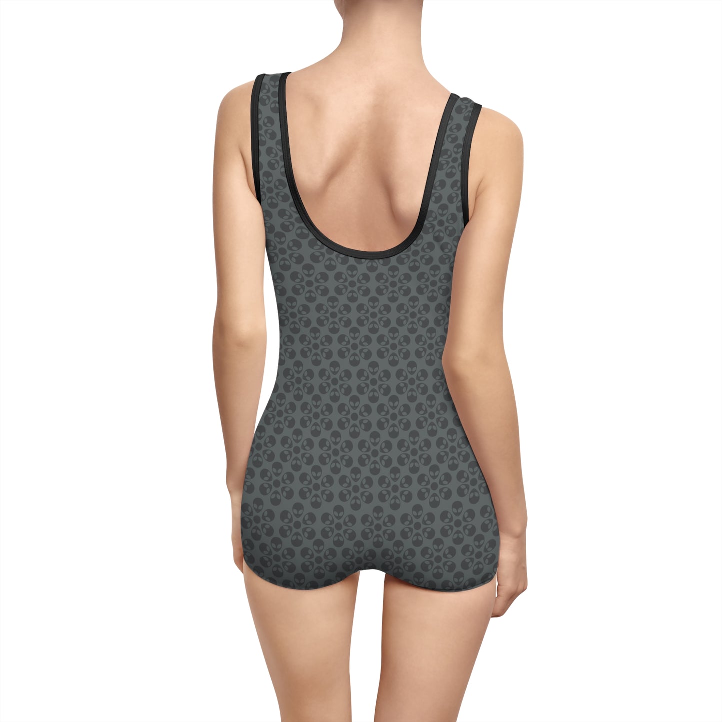 Womens Vintage Swimsuit  Alien Flowers Dark Grey